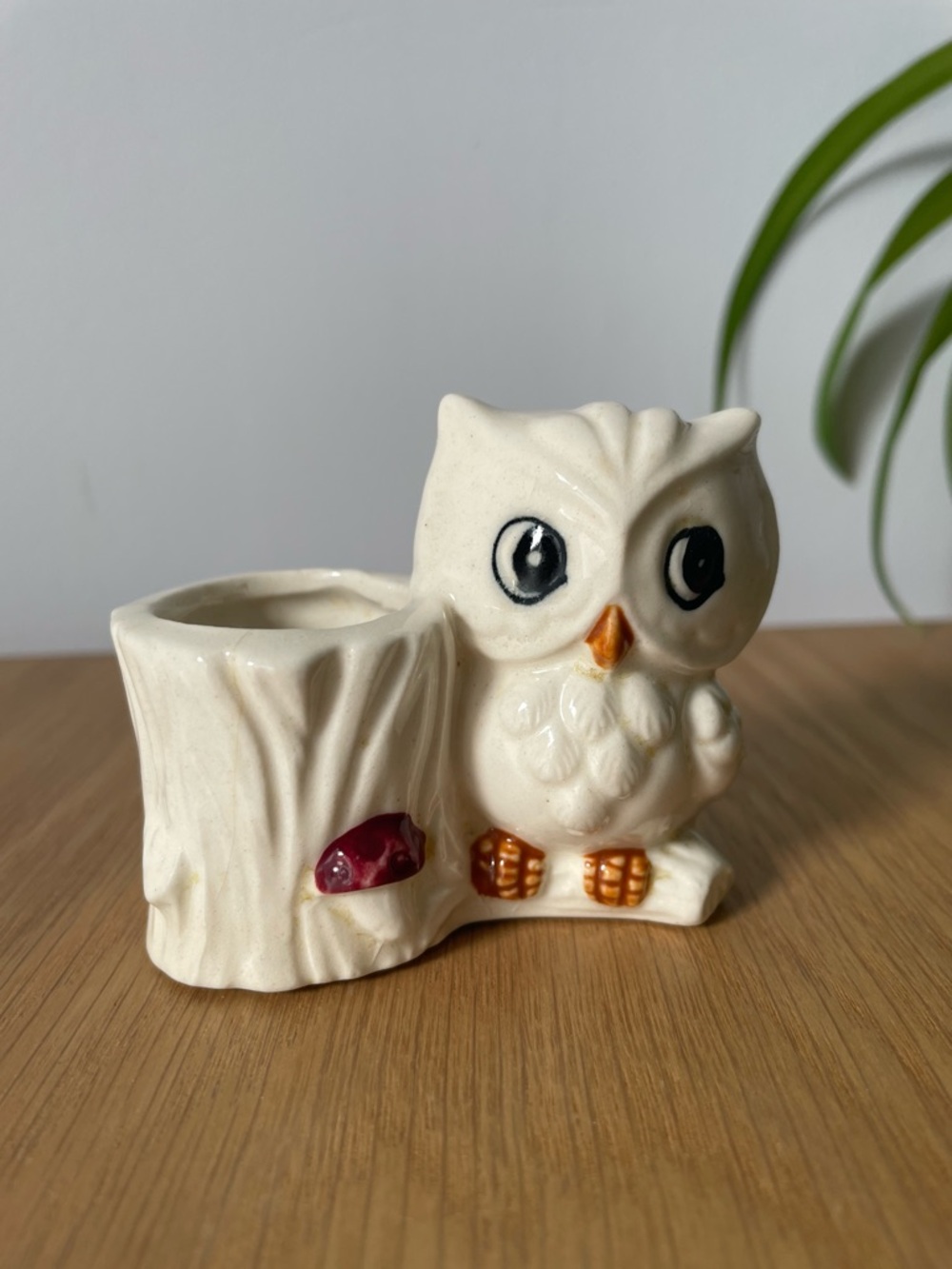 Vintage Mini Owl Ceramic Planter with Mushroom